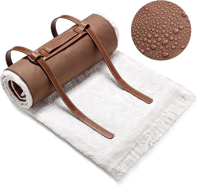VitalCozy Waterproof Picnic Blankets 71×71 inch Outdoor Blanket Foldable 2 in 1 Double Layer Sandproof Beach Mat with Carry Strap for Camping Lawn Park Beach Grass(White)