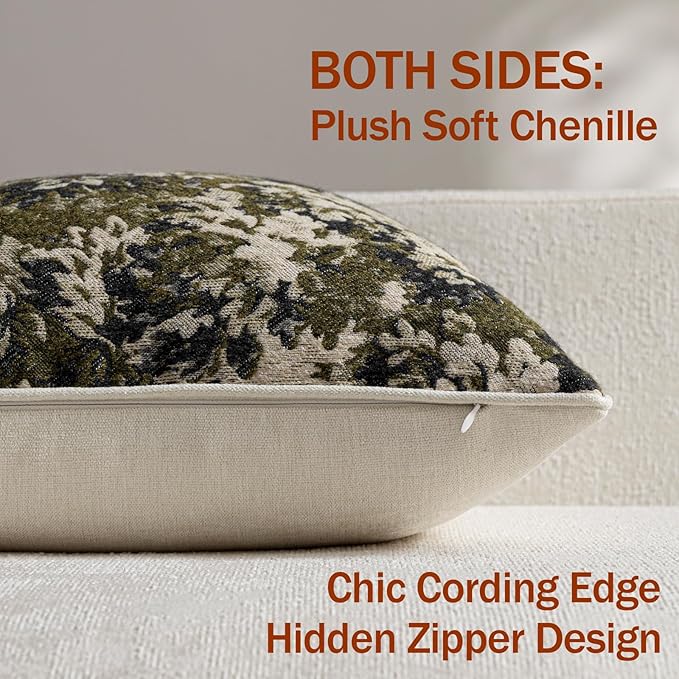 DEZENE Pack of 2 Vintage Floral Throw Pillow Covers 18x18 Boho Farmhouse Accents Chenille Square Decorative Pillow Cases for Living Room Couch Bed Home Decor, Olive Green