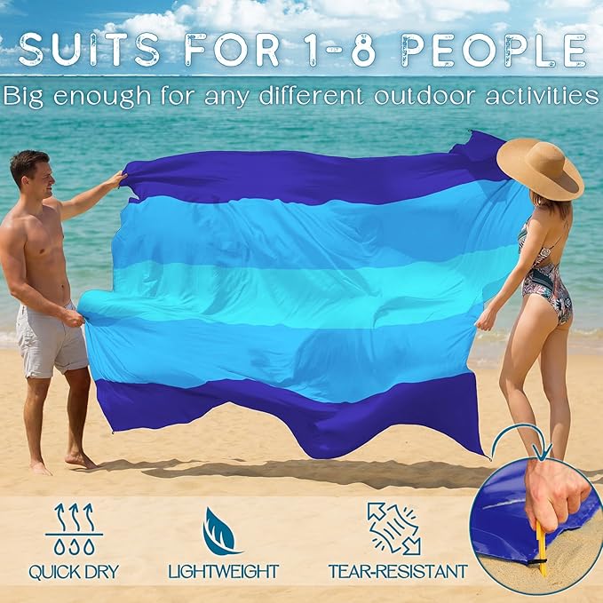 BYDOLL Beach Blanket Waterproof Sandproof Large Sand Free,78''X81''/10'X9' Oversized Sandless Lightweight Blanket Picnic Mat for Beach Travel Camping Hiking with Stakes