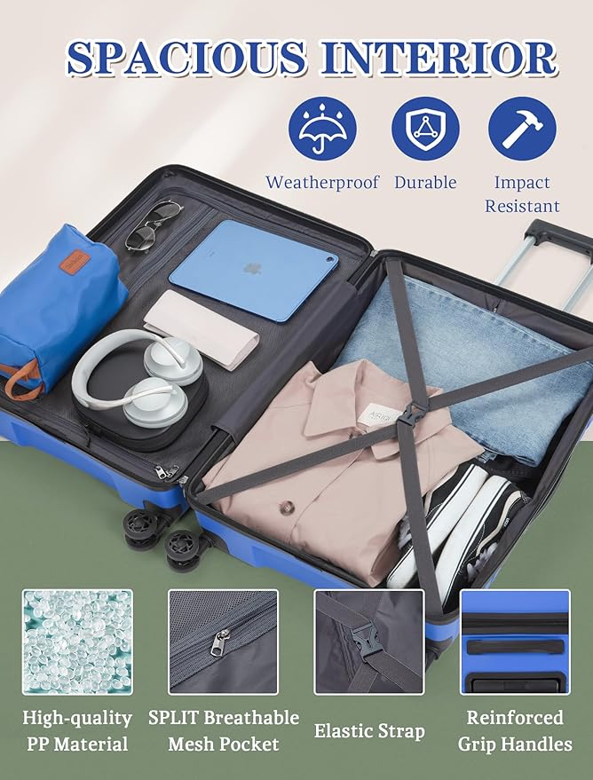 Cosbarn Luggage Sets 5 Piece, Suitcases with Wheels, PP Hard Case Luggage with Upgraded Shock-absorbing Spinner Wheel&TSA Lock, Carry On Luggage Set (IceBlue, 5 Piece Sets (20/24/28/DB/TB))
