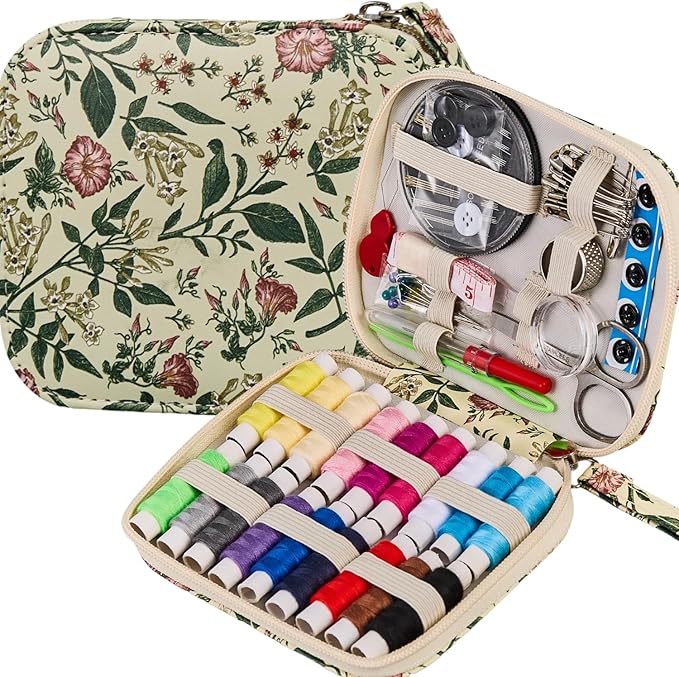 Arts Craft Printing Sewing Kit Travel Basic Small Sewing Set | Floral Pattern Sewing Kit for Adults,Emergency,Beginners Professional Sewing Supplies with 18 Colors Sewing Thread