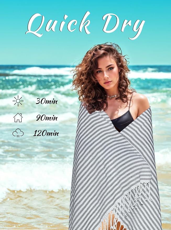 cabanana Turkish Beach Towel Oversized - 40"x70" Quick Dry Sand Free Thin Beach Towels for Adults,Extra Large Cotton Lightweigh Travel Towel for Beach Accessories (Black)