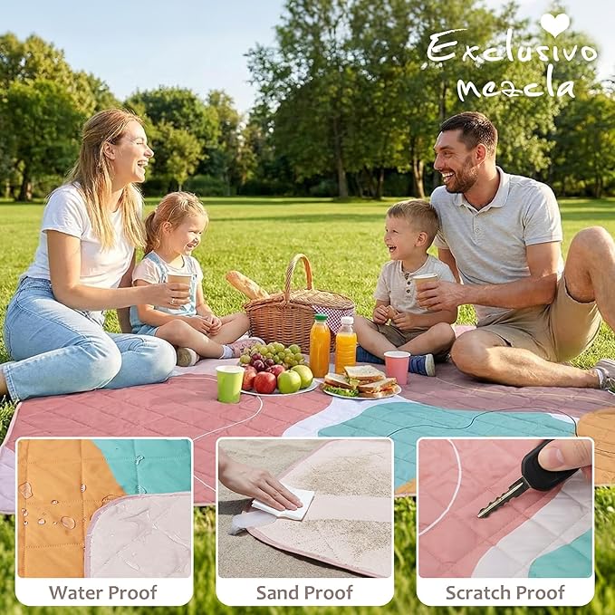 Exclusivo Mezcla Extra Large Waterproof Picnic Blankets 3 Layer, Sandproof and Foldable Outdoor Blanket for Beach Camping, Park and Travel