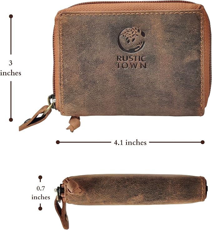 RUSTIC TOWN Leather Key Holder Case - Zippered Key Organizer Wallet with 8 Hooks for Keys, Cash & Card - Gift for Men Women