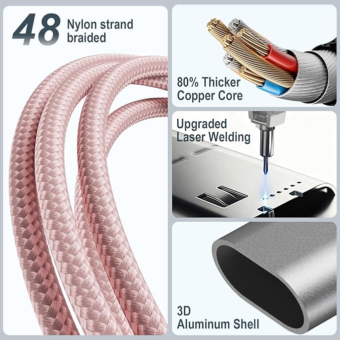 Travel Essentials,Multi Charging Cable for Apple Watch Charger/iPhone Charger/Samsung Charger,Airplane Gadgets RV Essentials for iWatch Ultra/10-2/iPhone 17-11/Samsung S25-S20,airPods,Car-4FT Pink