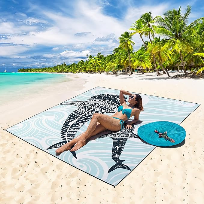 HIHOHO Beach Blanket Waterproof Sandproof Beach Mat 79”x 83” for 1-8 Adults Quick Drying Durable Outdoor Picnic Mat for Beach Festival Travel Camping Hiking (Whale, 79"×83"(4 Person))