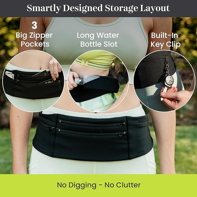 StashBandz Adjustable Running Belt - 3 Zippered Pockets + Water Bottle Holder, No-Bounce Travel Money Belt – Slim Sports Fanny Pack, Waist Pack with Key Clip, Fits Any Size Phone, Passport & More