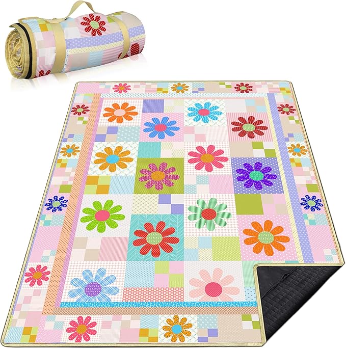 Daisy Picnic Blankets Waterproof Foldable, 60″X80″ Packable Picnic Mat Sunflower Outdoor Blanket for Grass, Large Beach Blanket Sandproof Picnic Accessories for Camping Music Festival Park Lawn Travel