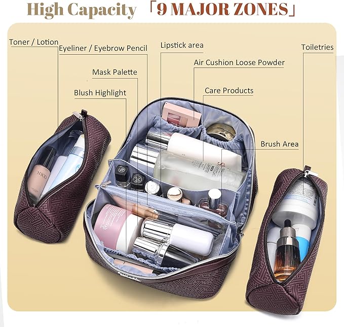 BOYATU Travel Makeup Bags for Women: Vintage Roman Column Texture Large Capacity Cosmetic Bag - Each Journey, Quiet Luxury Serenity - 3 Pcs Set Organizer Toiletry Purse 50% Extra Storage(coffee)