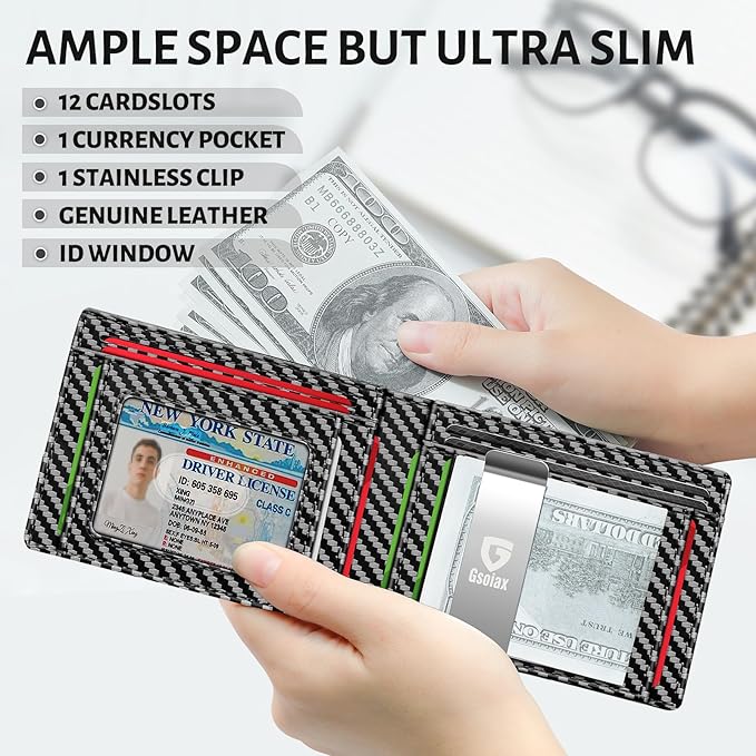 GSOIAX Slim Wallet for Men Rfid Blocking Leather Bifold Front Pocket Carbon Fiber Men's Money Clips Credit Card Holder With Gift Box