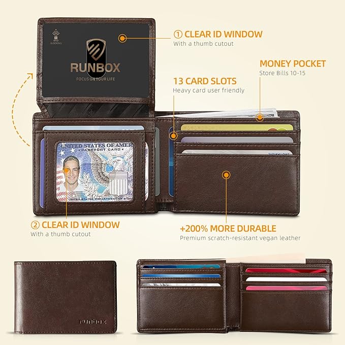 RUNBOX Wallet for Men -Slim Rfid Leather Mens Bifold Novelty Wallets 2 ID Window With Gift Box Men's Accessories | Slim