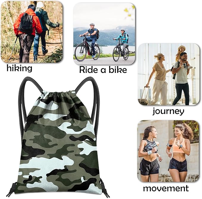 Drawstring Backpack for String Bag Waterproof Cute Sports Beach Swimming Travel (13"×17")-Green Camouflage