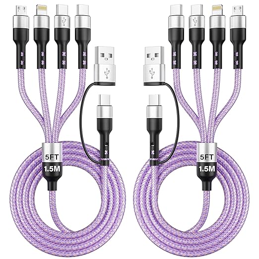 4-in-2 Dual Type-C Multi Charging Cable [2Pack-5FT], Nylon Braided Travel Essential for Airplane Cruise, USB A/C to Dual C/IP/Micro USB, Compatible with iPhone 17-8 Android iPad Galaxy Tablet