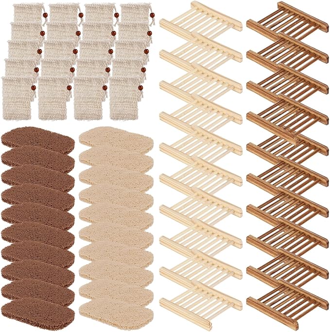 60PCS Soap Saver Set,Bamboo Soap Holder Including 20 Wood Soap Dishes with Waterproof Lacquer, 20 Loofah Soap Pads, 20 Cotton Linen Drawstring Soap Bags, Soap Saver Set for Bathroom, Shower, Travel