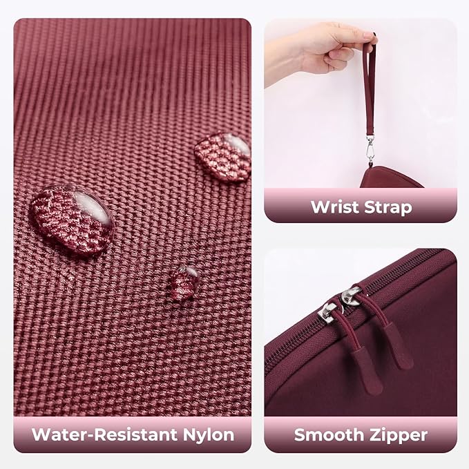 FYY Travel Cable Organizer - 8 Compartments Lightweight Water Resistant Tech Pouch with Wrist Strap, Portable Electronic Accessories Case for Cord Charger Storage for Travel Office Wine Red (Large)
