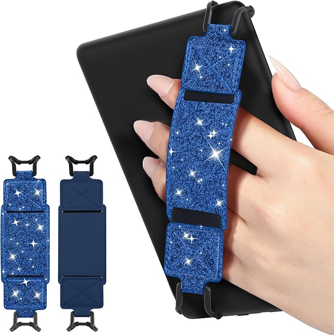 MoKo 2 Pack Security Hand Strap for 6-8" Kindle eReaders Fire Tablet-Kindle/Kobo/Voyaga E-Book Tablet, High-Elasticity Versatile Hand Strap Lightweight Finger Grip Holder, Indigo+Glitter Deep Blue