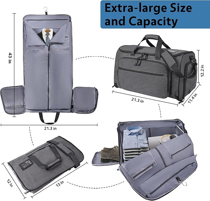 HILOMON Garment Duffle Bags for Travel, YKK Zippers Carry On Convertible Suit Bag with Waterproof Compartment & Shoe Compartment & Shoulder Strap