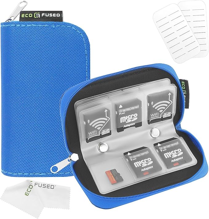 Eco-Fused Memory Card Case - Fits up to 22x SD, SDHC, Micro SD, Mini SD and 4X CF - Holder with 22 Slots (Blue / 22 Slots - 1 Pack)