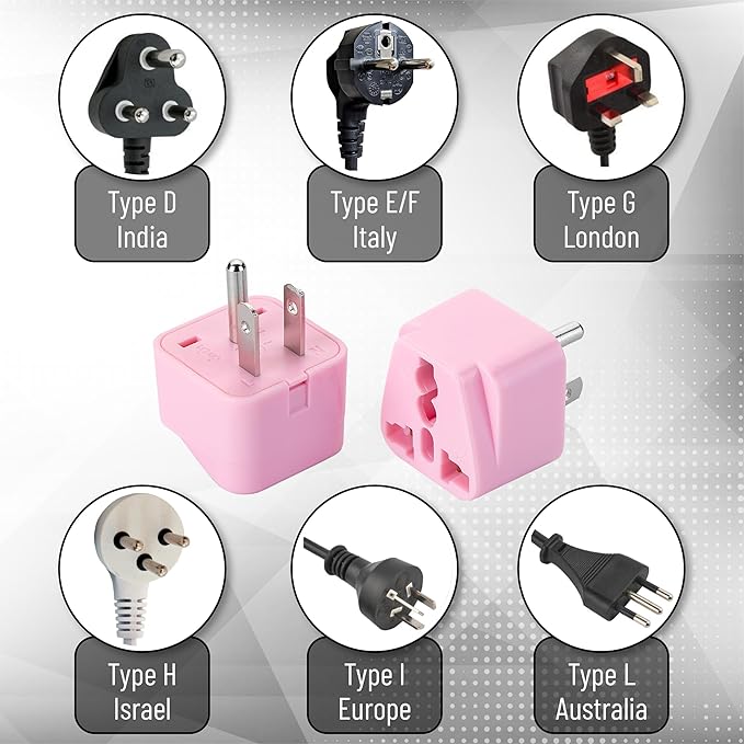 Bates- Universal Travel Plug Adapter, 2 Pack, Pink, Converts EU/UK/AU/Asia Plugs to USA Outlet, Europe to US Plug Adapter, UK to US Outlet, Compact Design for Home, Office