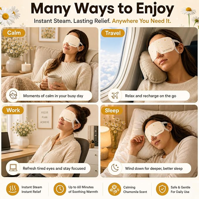 Lure Essentials Steam Eye Mask, Heated Eye Mask, Self Heating Warm Compress for Dry Eyes, Fast Relief for Stye, Puffy Sensitive Eyes, Moist Heat, Relaxation Gifts for Women and Men - Chamomile