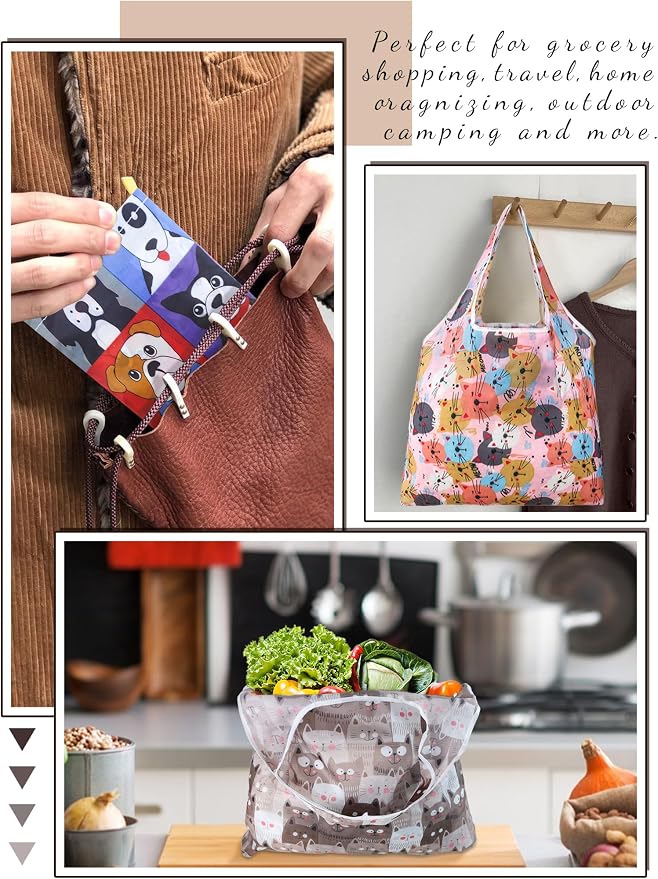 4 Pcs Reusable Grocery Bags, Foldable Shopping Bags Heavy Duty, Large Nano Bag Cute Tote Bag for Daily Shopping, Waterproof and Machine Washable (Animals)