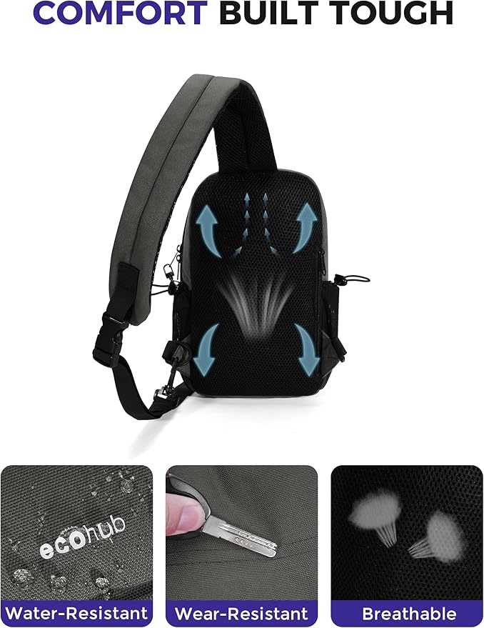 ECOHUB Crossbody Bags for Women Men, Anti-Theft RFID Blocking Sling Backpack Water Resistant Chest Shoulder Daypack, Grey