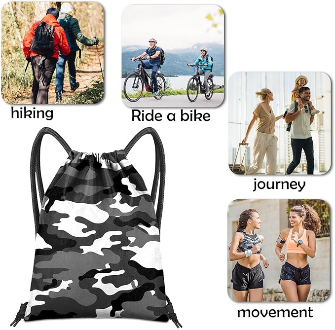 Drawstring Backpack for String Bag Waterproof Cute Sports Beach Swimming Travel (13"×17")-Black Camouflage