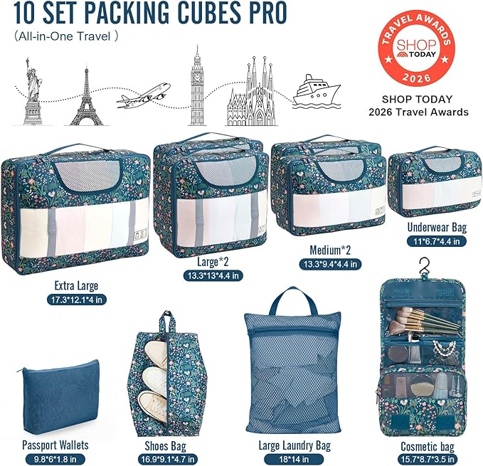 Veken 10 Set Packing Cubes for Travel Essentials,Anti-Wrinkle Buckled Suitcase Organizer for Shoe & Toiletry Bag,Carry On Luggage Bag for Airplane & College Dorm Room Accessories,Women Men Gifts