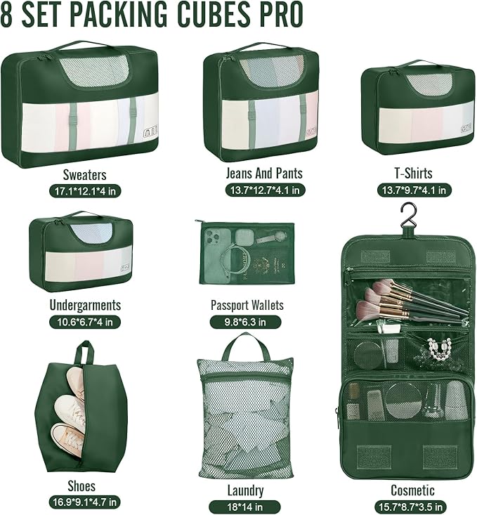 Veken 8 Set Packing Cubes for Travel Essentials,Anti-Wrinkle Buckled Suitcase Organizer for Shoe & Toiletry Bag,Carry On Luggage Bag for Airplane & College Dorm Room Accessories,Women Men Gifts