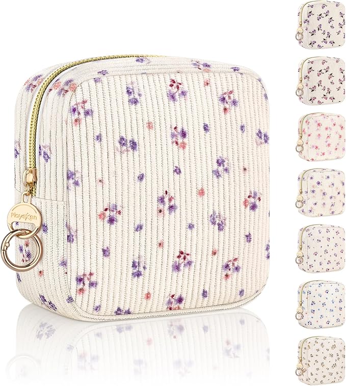Floral Period Bag, Small Period Pouches for Teen Girls, Corduroy Sanitary Napkin Storage Bag, Compact Discreet Pad and Tampon Holder for Purse (Floral-Mini Purple)