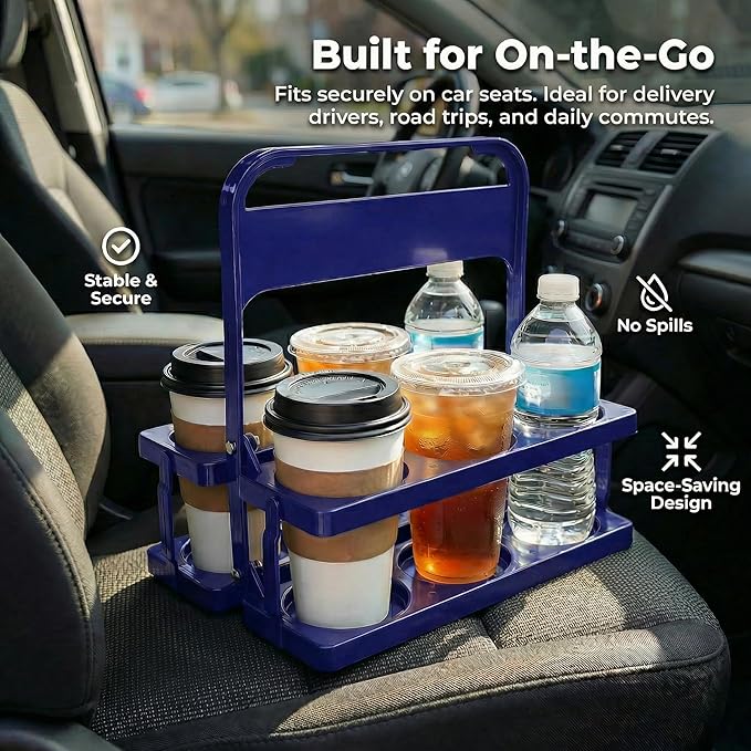 6 Cup Drink Carrier for Delivery - Foldable Drink Holder with Handle, Reusable Cup Carrier for Drinks, Portable Beverage Caddy Accessories for Parties, Camping, Car, Coffee & Bottles (Blue)