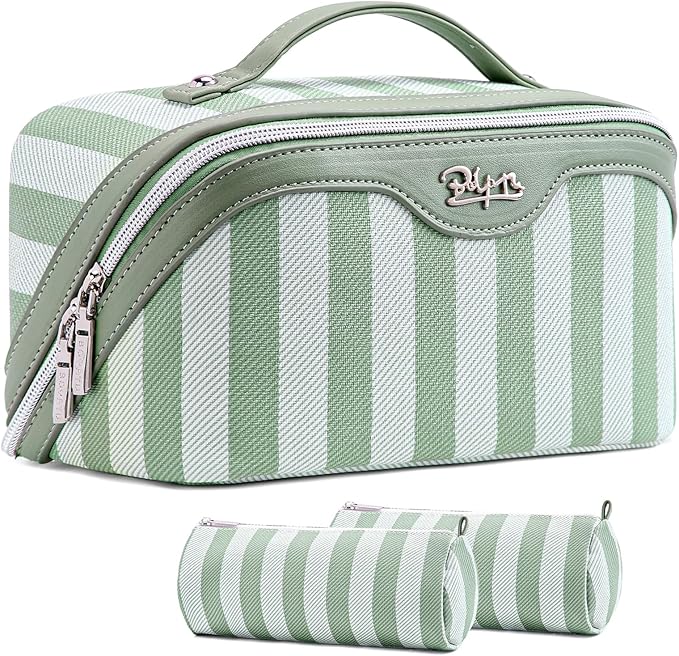 BOYATU Travel Makeup Bag Cosmetic Bag for Women: 3 Pcs Set Striped Make up Bag with Compartments - Waterproof Vegan Leather Toiletry Bag with Handle - Makeup Organizer for Travel Essentials(A-2-Green)