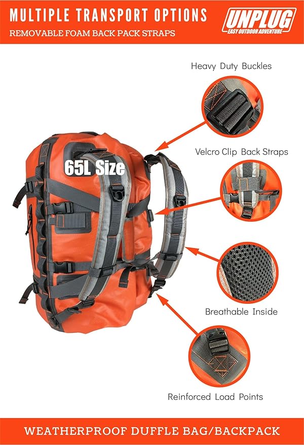 UNPLUG Ultimate Adventure | 1680D Heavy Duty Waterproof Bag | Large Travel Bag which can be Used for Camping, Motorcycling, Boating, or Hunting| 65L Adventure Orange