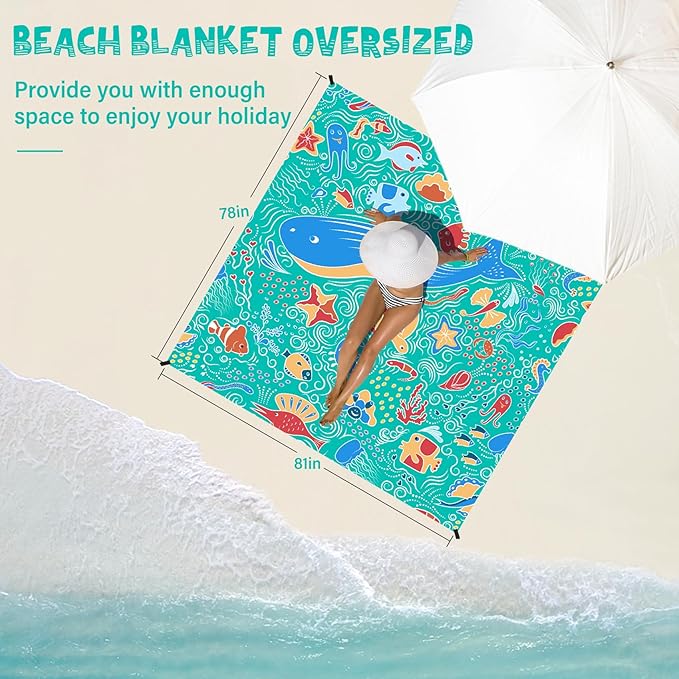 Aroveea Beach Blanket Waterproof Sandproof 1-7 Adult Oversized 78''X81''/10'X9' Lightweight Durable Compact Sand Free Beach Mat for Travel Camping Hiking Picnic Blanket