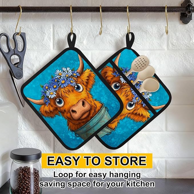Highland Cows and Vintage Blue Pot Holders with Pockets 2 PCS, Heat Resistant Oven Mitts Hot Pads for Kitchen Baking Cooking, Square Thick Pot Holders Kitchen Hot Potholders, 8.5x10 Inches