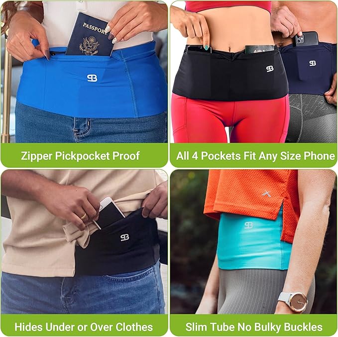 StashBandz No-Bounce Running Belt for Women & Men – Phone Holder Fits All Phones, 4-Pocket Slim Fanny Pack with Zipper – Travel Money Belt Waist Pack for Running & Workout