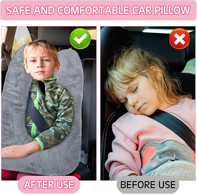 Barydat 2 Pcs Car Travel Pillow for the Back Seat 28 x 18 in Sleeping Reading Pillows for Long Distance Travel Car Cushion for Kids Adults Head and Body Support U Shaped Pad for Travel(Gray, Pink)