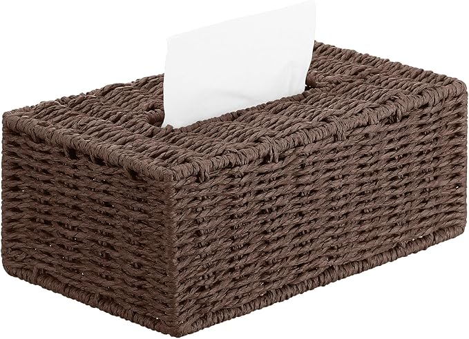 Tissue Box Cover Rectangle Natural Paper Rope Hand Woven Tissue Box Holder for Bathroom Living Room Bedroom Kitchen Table Desk Office Farmhouse Home Decor(Dark Brown)