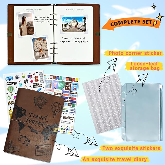 Travel Journal for Women Men and Couples, Leather Travel Notebook with Prompts, Travel Memory Book & Adventure Book (Brown)