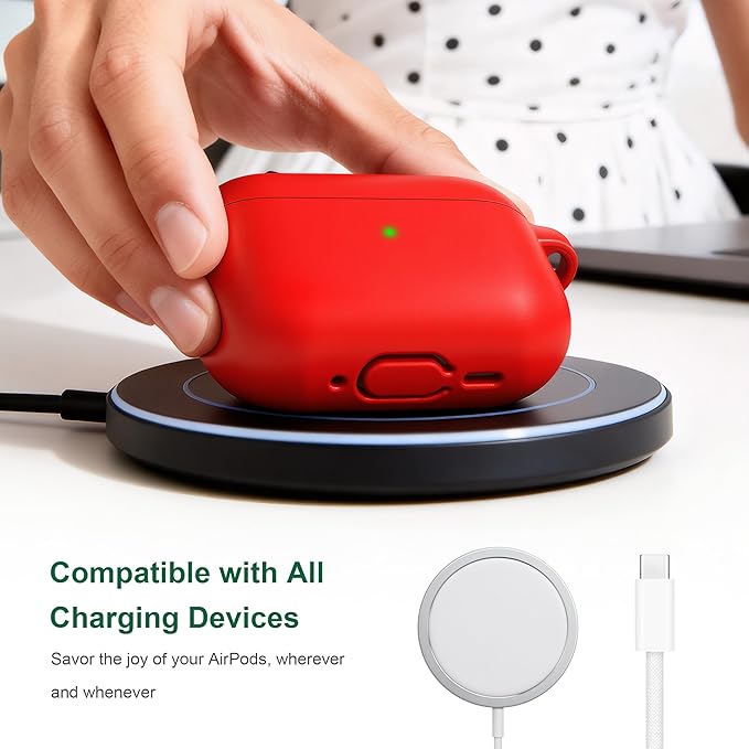 R-fun for AirPods Pro 3 Case (2025), Soft Silicone Protective Case Cover Compatible with Apple AirPods Pro 3rd Generation (USB-C Cable) for Women Men with Cleaning Kit and Keychain, Red