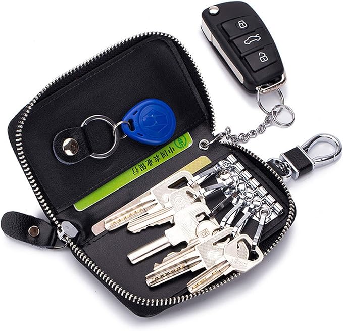 Genuine Leather Key Holder Bag with 2 Card Slot & 6 Hooks & 1 Access Card,Key Case Car Key Holder Wallet for Men Women