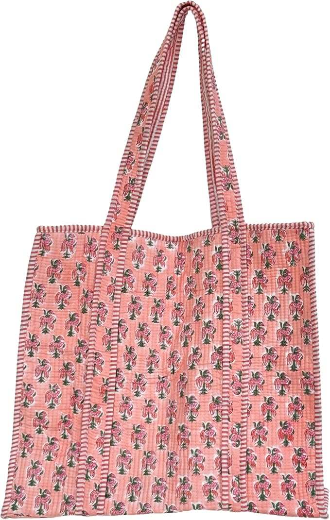ATOSII Women Handblock Print Quilted 100% Cotton Floral Large Shoulder Tote Bag with Pocket, Zipper for Work, Beach & Travel