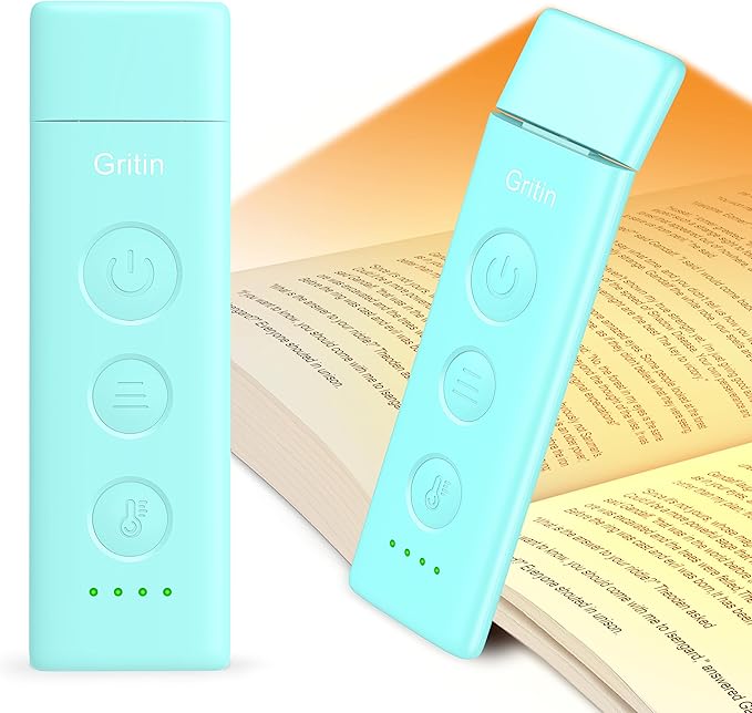 Gritin Book Light Rechargeable, Eye Caring 3-Color & 5-Brightness Clip on LED Reading Light for Books in Bed- Stepless Dimming, Long Lasting, Compact Size Flexible Book Lamp for Bookworms-Blue