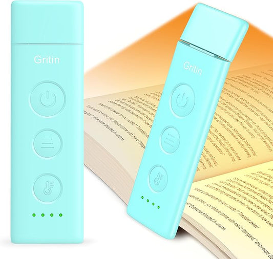 Gritin Book Light Rechargeable, Eye Caring 3-Color & 5-Brightness Clip on LED Reading Light for Books in Bed- Stepless Dimming, Long Lasting, Compact Size Flexible Book Lamp for Bookworms-Blue