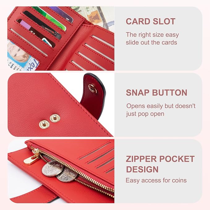 yiijay Womens Wallet RFID Blocking Leather Trifold Clutch Wallet Credit Card Holder Ladies Travel Wallet Purse with Pen Holder