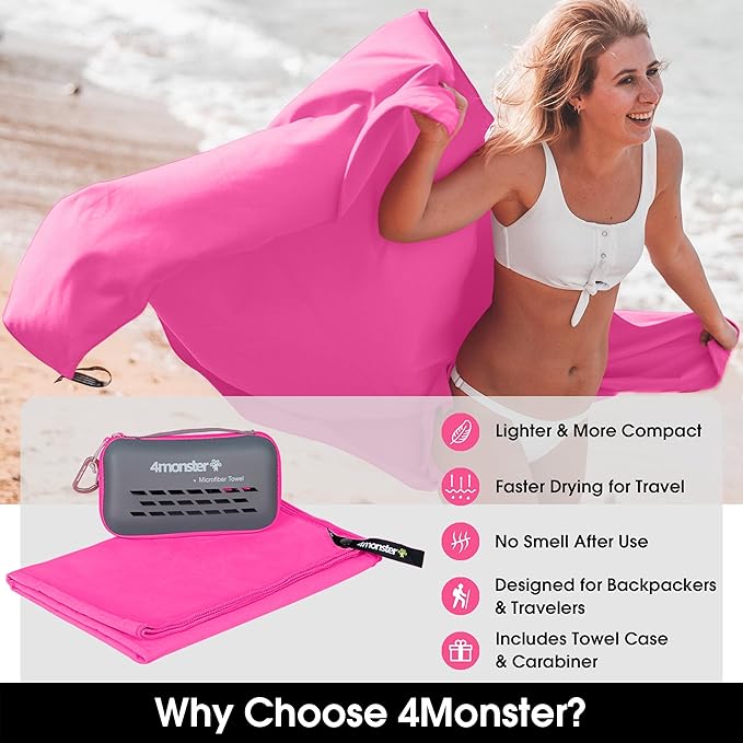 4Monster Quick Dry Travel Towel with Case & Carabiner – Super Absorbent Microfiber Gym & Camping Towel. Compact, Lightweight, Fast Drying for Beach, Swimming, Hiking, Backpacking
