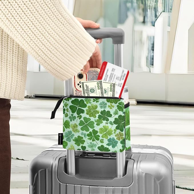 Luggage Cup Holder for Suitcases Free Hands Suitcase Cup Holder Travel Luggage Drink Holder Portable Luggage Cup Caddy Bag Carrier with Handle Green Nature St Patrick Clovers