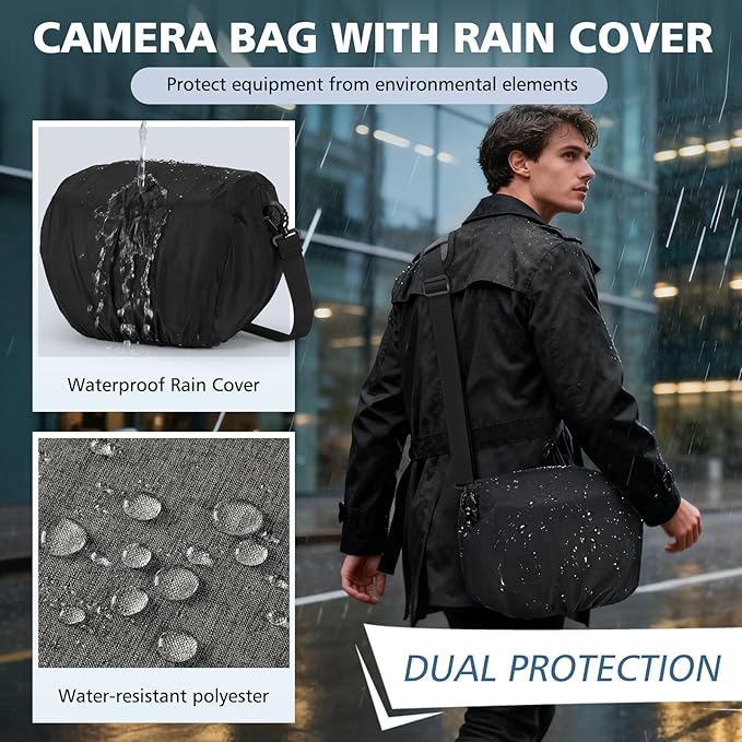 RAINSMORE Camera Bag, DSLR/SLR/Mirrorless Camera Sling Bag for Photographers Waterproof Small Camera Case with Tripod Holder & Rain Cover Camera Crossbody Bag for Canon/Nikon/Sony/Fuji, Grey