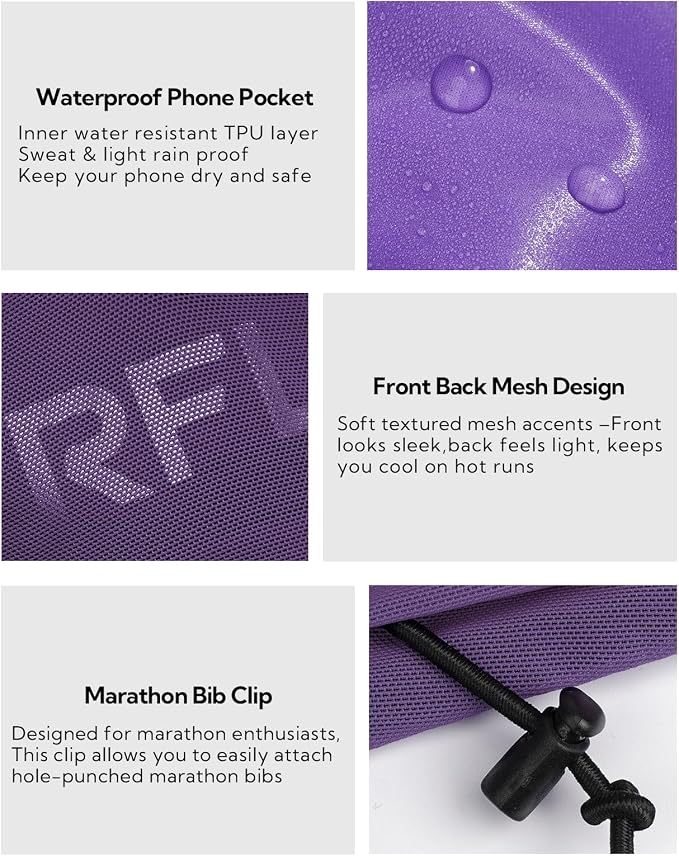 WATERFLY Running Belt Fanny Pack: Breathable 3 Pocket Waist Bag for Men Women Workout Exercise Fitness Phone Holder Fits All Phones - Runner Marathon Jogging Race Belt with Bib Clip Purple