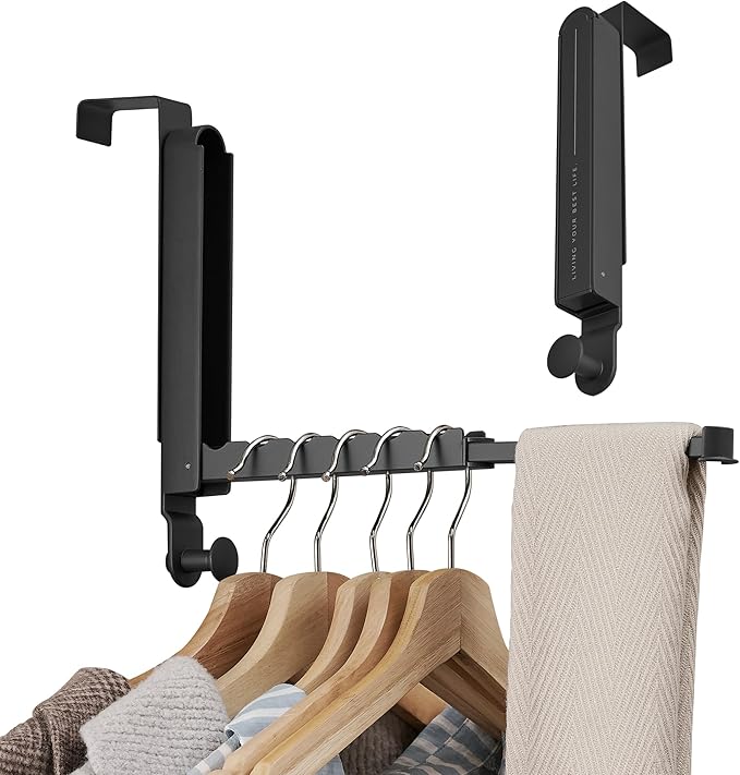 RFOUO Clothes Drying Rack Foldable Fit Door up to 1 3/8" Optimal 2pc,Over The Door Hanger with Retractable Rod,Over The Door Hanger Hooks for Laundry Bathroom Bedroom Travel Hangers(Black, 2 Pack)